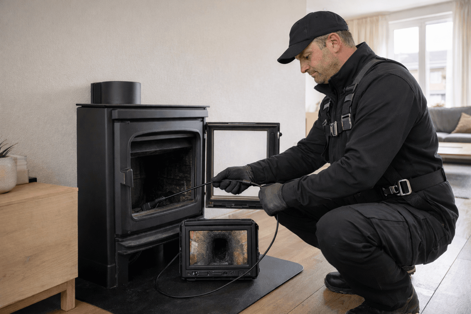 Schoorsteenveger aan het werk